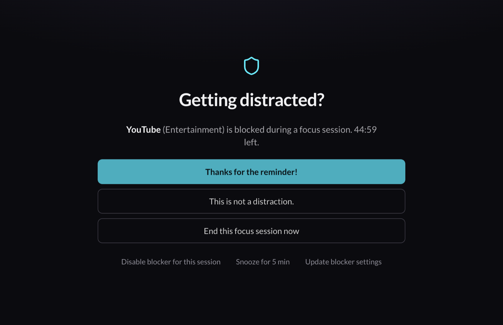 The distraction blocker over YouTube, with options to go back to work, snooze or end the session.