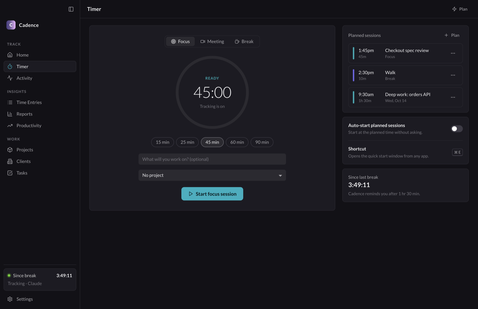 The timer page with a 45-minute focus countdown and planned sessions.